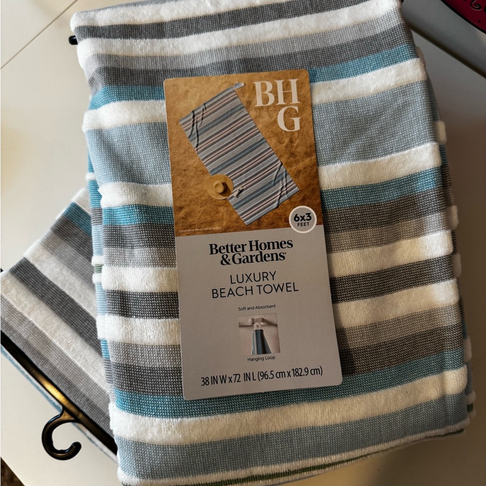 Better Homes & Gardens Luxury Beach Towel - Striped Blue, White, Gray - 2 NWT - Picture 3 of 3